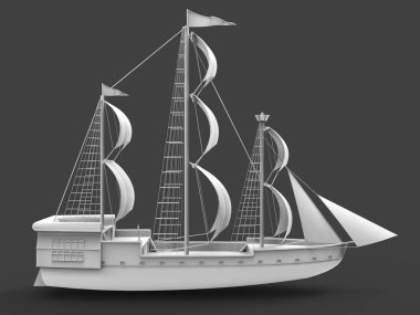 Yumuşak gölgeler ile gri bir arka plan üzerinde eski bir yelkenli gemi üç boyutlu raster illüstrasyon. 3d render.