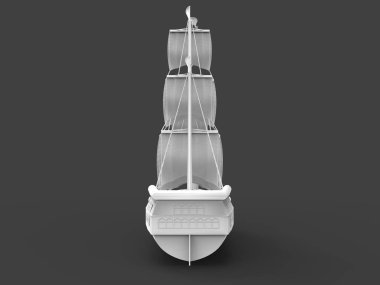 Yumuşak gölgeler ile gri bir arka plan üzerinde eski bir yelkenli gemi üç boyutlu raster illüstrasyon. 3d render.