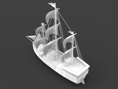 Yumuşak gölgeler ile gri bir arka plan üzerinde eski bir yelkenli gemi üç boyutlu raster illüstrasyon. 3d render.