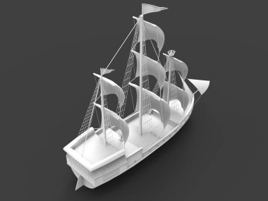 Yumuşak gölgeler ile gri bir arka plan üzerinde eski bir yelkenli gemi üç boyutlu raster illüstrasyon. 3d render.