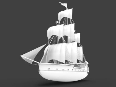 Yumuşak gölgeler ile gri bir arka plan üzerinde eski bir yelkenli gemi üç boyutlu raster illüstrasyon. 3d render.