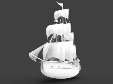 Yumuşak gölgeler ile gri bir arka plan üzerinde eski bir yelkenli gemi üç boyutlu raster illüstrasyon. 3d render.