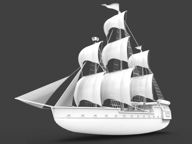 Yumuşak gölgeler ile gri bir arka plan üzerinde eski bir yelkenli gemi üç boyutlu raster illüstrasyon. 3d render.