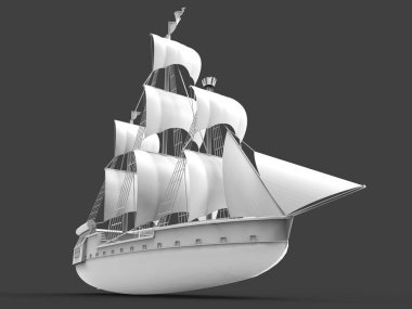 Yumuşak gölgeler ile gri bir arka plan üzerinde eski bir yelkenli gemi üç boyutlu raster illüstrasyon. 3d render.