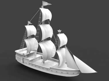 Yumuşak gölgeler ile gri bir arka plan üzerinde eski bir yelkenli gemi üç boyutlu raster illüstrasyon. 3d render.