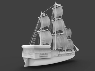 Yumuşak gölgeler ile gri bir arka plan üzerinde eski bir yelkenli gemi üç boyutlu raster illüstrasyon. 3d render.