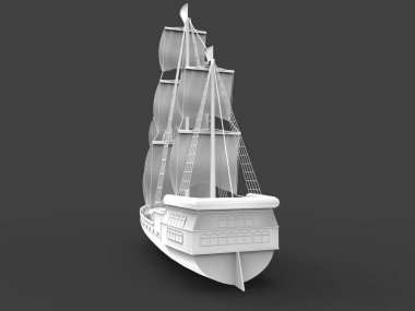 Yumuşak gölgeler ile gri bir arka plan üzerinde eski bir yelkenli gemi üç boyutlu raster illüstrasyon. 3d render.