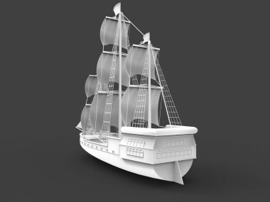 Yumuşak gölgeler ile gri bir arka plan üzerinde eski bir yelkenli gemi üç boyutlu raster illüstrasyon. 3d render.