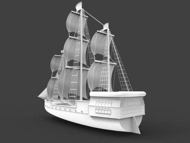 Yumuşak gölgeler ile gri bir arka plan üzerinde eski bir yelkenli gemi üç boyutlu raster illüstrasyon. 3d render.