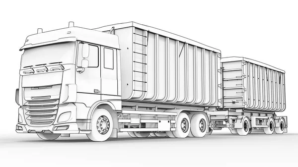 Großer weißer LKW mit separatem Anhänger, für den Transport von landwirtschaftlichen und Baumaterialien und Produkten. 3D-Darstellung. — Stockfoto