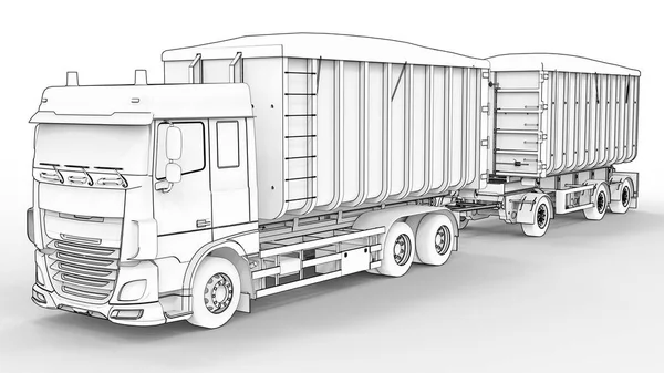 Truk putih besar dengan trailer terpisah, untuk transportasi bahan dan produk massal pertanian dan bangunan. Rendering 3d . — Stok Foto