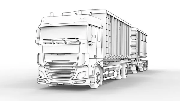 Büyük beyaz kamyon nakliye tarım ve bina hacim materyalleri ve ürünleri için ayrı römork ile. 3D render. — Stok fotoğraf
