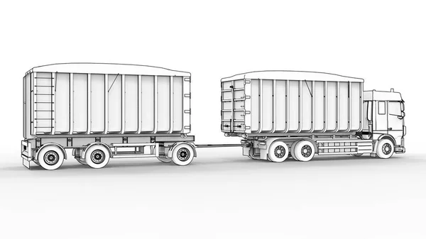 Großer weißer LKW mit separatem Anhänger, für den Transport von landwirtschaftlichen und Baumaterialien und Produkten. 3D-Darstellung. — Stockfoto