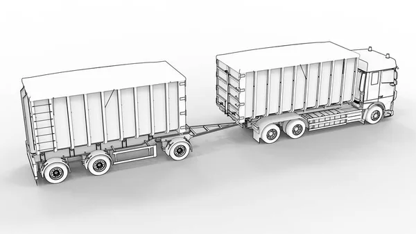 Truk putih besar dengan trailer terpisah, untuk transportasi bahan dan produk massal pertanian dan bangunan. Rendering 3d . — Stok Foto