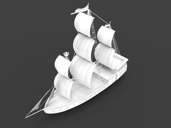 Driedimensionaal raster illustratie van een oud zeilschip op een grijze achtergrond met zachte schaduwen. 3D-rendering. — Stockfoto