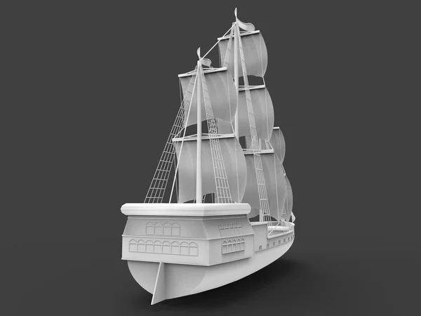 Three-dimensional raster illustration of an ancient sailing ship on a gray background with soft shadows. 3d rendering.