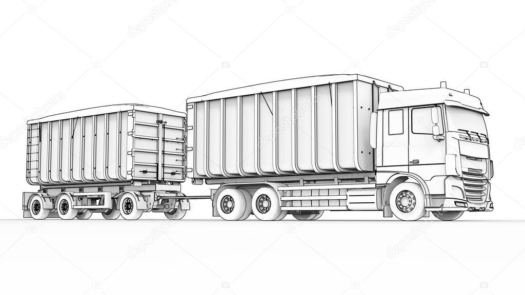 Large white truck with separate trailer, for transportation of agricultural and building bulk materials and products. 3d rendering.