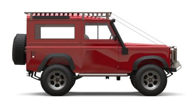 Kırmızı eski küçük Suv zor yollar ve seferler için ayarlanmış. 3d render.