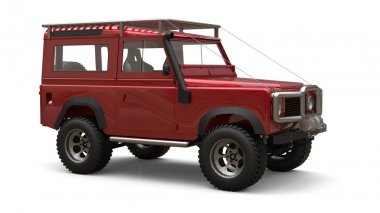 Kırmızı eski küçük Suv zor yollar ve seferler için ayarlanmış. 3d render.