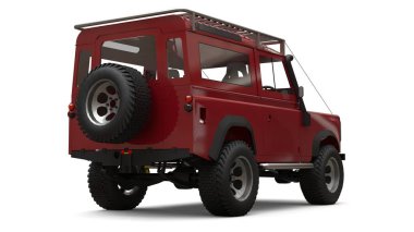 Kırmızı eski küçük Suv zor yollar ve seferler için ayarlanmış. 3d render.