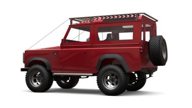 Kırmızı eski küçük Suv zor yollar ve seferler için ayarlanmış. 3d render.