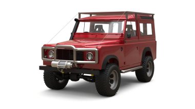 Kırmızı eski küçük Suv zor yollar ve seferler için ayarlanmış. 3d render.