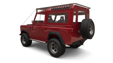Kırmızı eski küçük Suv zor yollar ve seferler için ayarlanmış. 3d render.