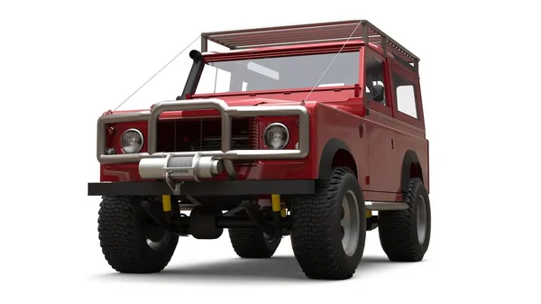 Red old small SUV tuned for difficult routes and expeditions. 3d rendering.