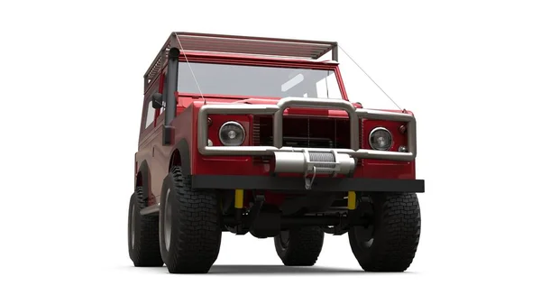 Rojo viejo pequeño SUV sintonizado para rutas difíciles y expediciones. renderizado 3d . — Foto de Stock