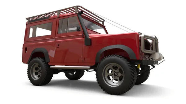 Red old small SUV tuned for difficult routes and expeditions. 3d rendering.