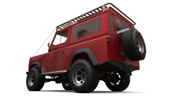 Red old small SUV tuned for difficult routes and expeditions. 3d rendering.