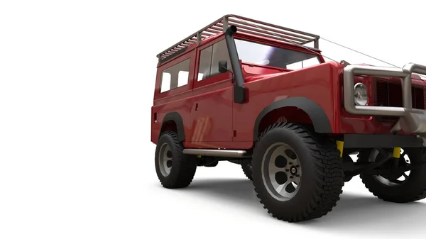 Red old small SUV tuned for difficult routes and expeditions. 3d rendering.