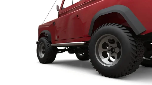 Red old small SUV tuned for difficult routes and expeditions. 3d rendering.