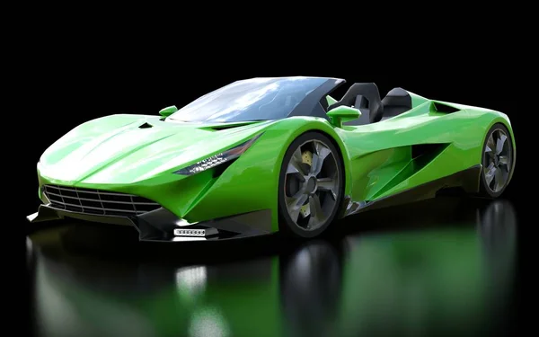 Grön konceptuell sport Cabriolet för att köra runt i staden och racerbana på en svart bakgrund. 3D-rendering. — Stockfoto