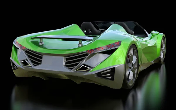 Cabriolet de sport conceptuel vert pour conduire autour de la ville et piste de course sur un fond noir. Rendu 3d . — Photo