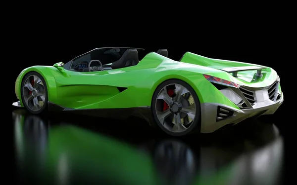 Cabriolet de sport conceptuel vert pour conduire autour de la ville et piste de course sur un fond noir. Rendu 3d . — Photo