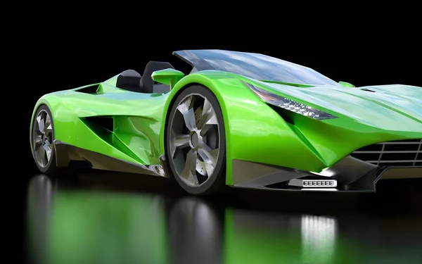 Cabriolet de sport conceptuel vert pour conduire autour de la ville et piste de course sur un fond noir. Rendu 3d . — Photo