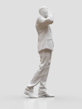 Takım elbiseli siyah bir adamın plastik figürü telefonda konuşuyor. 3d render.