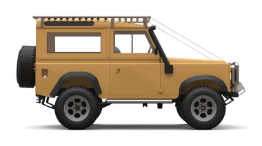 Bej eski küçük Suv zor yollar ve seferler için ayarlanmış. 3d render.