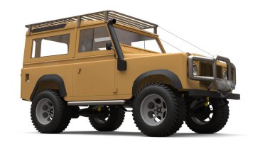 Bej eski küçük Suv zor yollar ve seferler için ayarlanmış. 3d render.