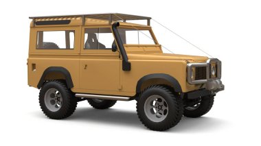 Bej eski küçük Suv zor yollar ve seferler için ayarlanmış. 3d render.