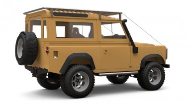 Bej eski küçük Suv zor yollar ve seferler için ayarlanmış. 3d render.