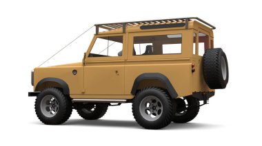 Bej eski küçük Suv zor yollar ve seferler için ayarlanmış. 3d render.
