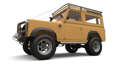 Bej eski küçük Suv zor yollar ve seferler için ayarlanmış. 3d render.