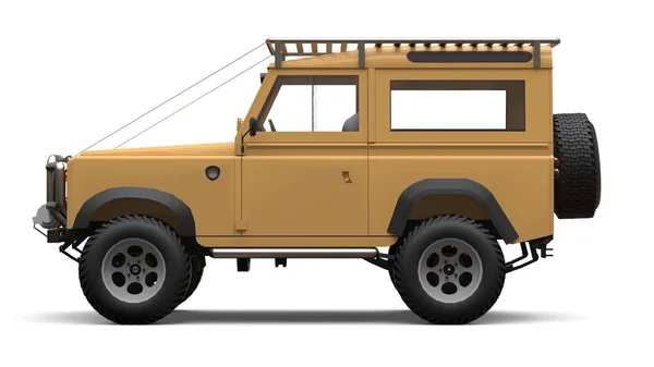 Beige old small SUV tuned for difficult routes and expeditions. 3d rendering.