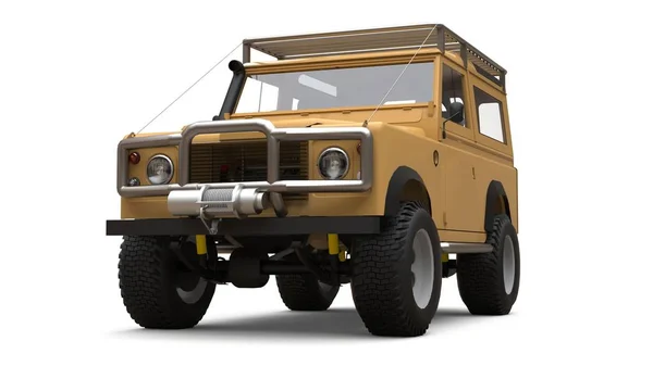 Beige old small SUV tuned for difficult routes and expeditions. 3d rendering.