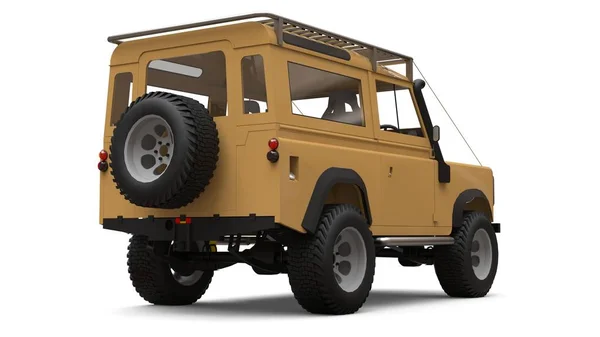 Beige old small SUV tuned for difficult routes and expeditions. 3d rendering.