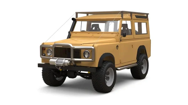 Beige old small SUV tuned for difficult routes and expeditions. 3d rendering.