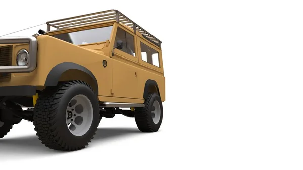 Beige old small SUV tuned for difficult routes and expeditions. 3d rendering.