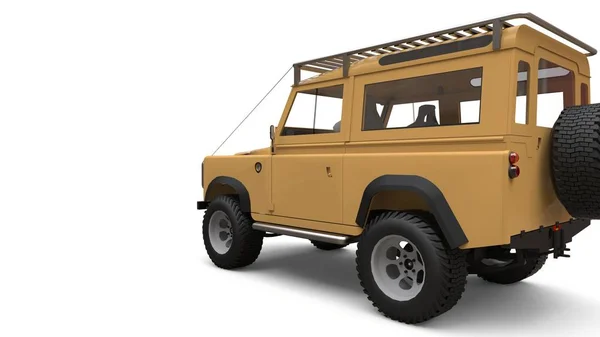 Beige old small SUV tuned for difficult routes and expeditions. 3d rendering.